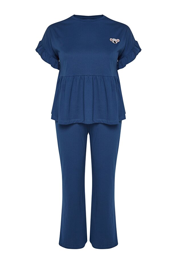 Lacivert Örme Nakışlı Volanlı Pijama Takımı TBBSS22PT0565 - 7