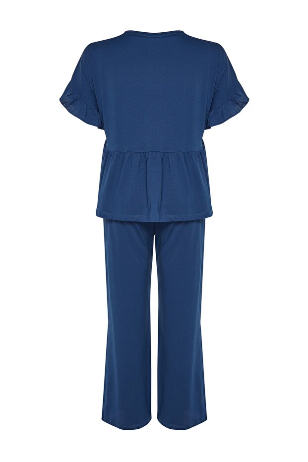 Lacivert Örme Nakışlı Volanlı Pijama Takımı TBBSS22PT0565 - 9