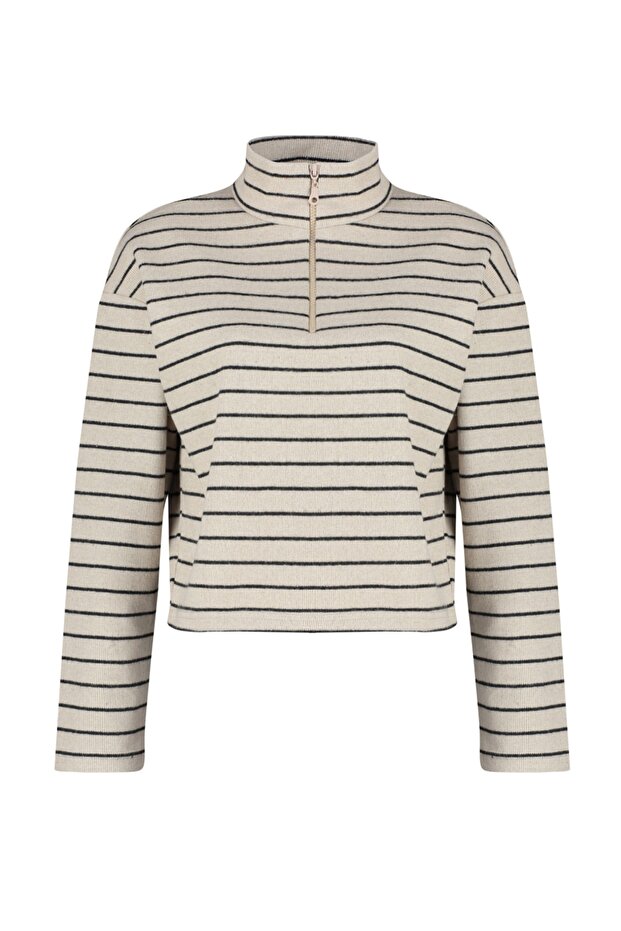 Jasnobeżowa bluza z dzianiny w paski Thessaloniki, zapinana na zamek, stójka, regularny/normalny krój TWOAW22SW0732 - 6