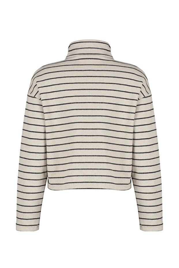 Jasnobeżowa bluza z dzianiny w paski Thessaloniki, zapinana na zamek, stójka, regularny/normalny krój TWOAW22SW0732 - 8