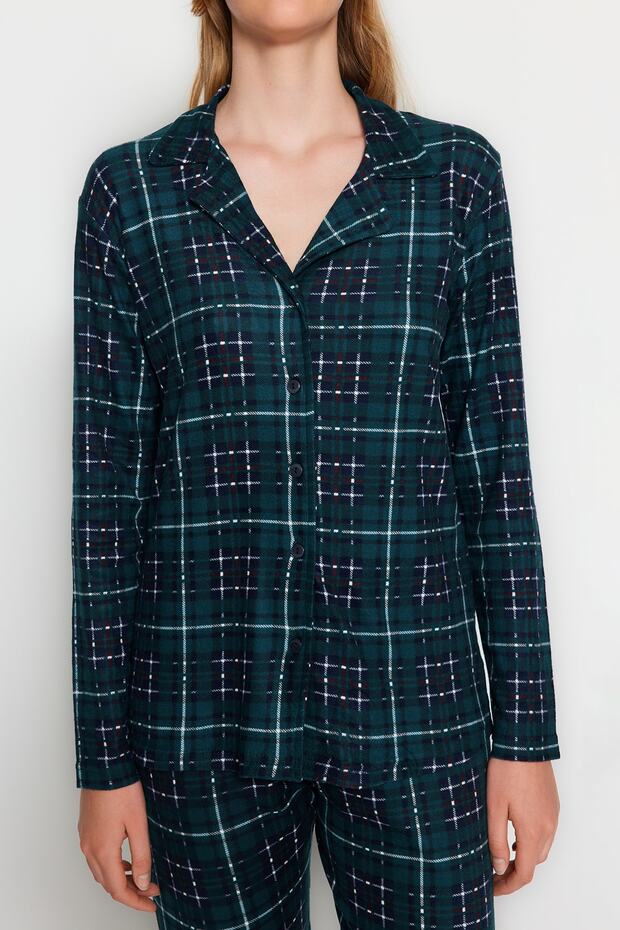 Yeşil Ekoseli Yumuşak Hissiyatlı Fırçalı Kumaş Uyku Bantlı Örme Pijama Takımı THMAW24PT00100 - 5