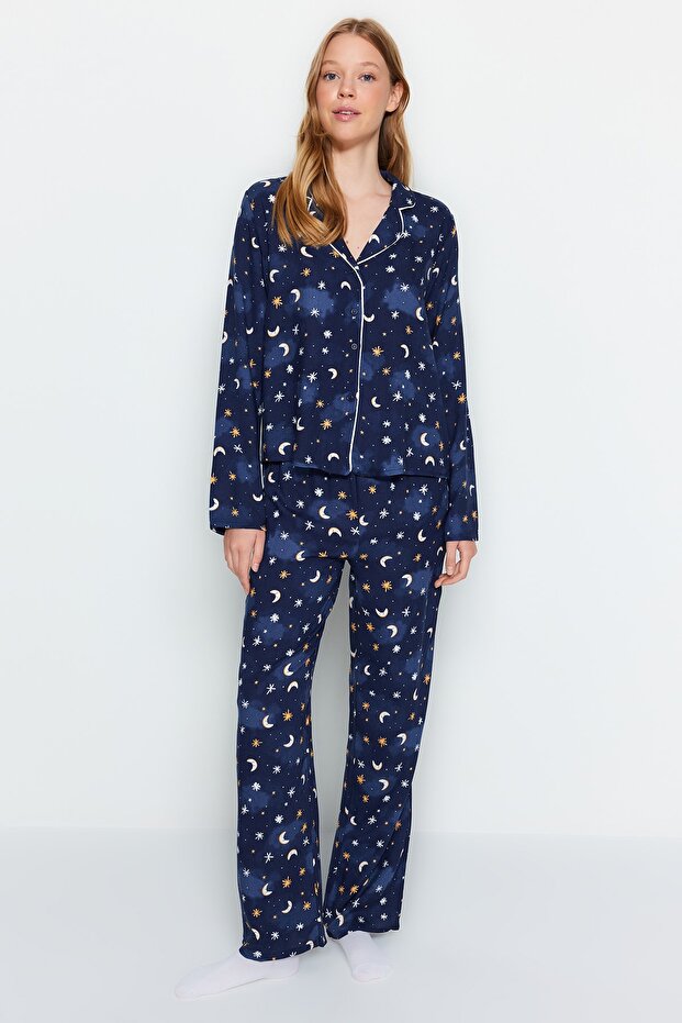 Indigo Galaksi Desenli Viskon Dokuma Pijama Takımı THMAW24PT00093 - 3