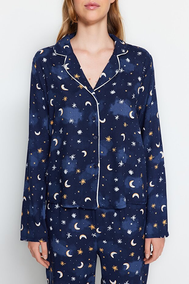 Indigo Galaksi Desenli Viskon Dokuma Pijama Takımı THMAW24PT00093 - 4