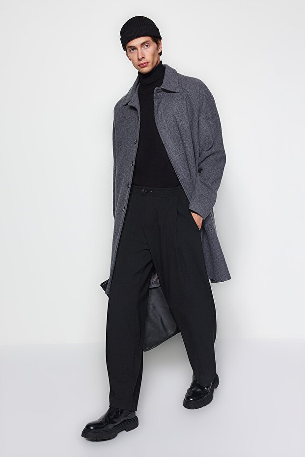 Uniszex antracit gyapjú kevert bélyegzős téli kabát - normál szabású TMNAW24KB00004 - 3