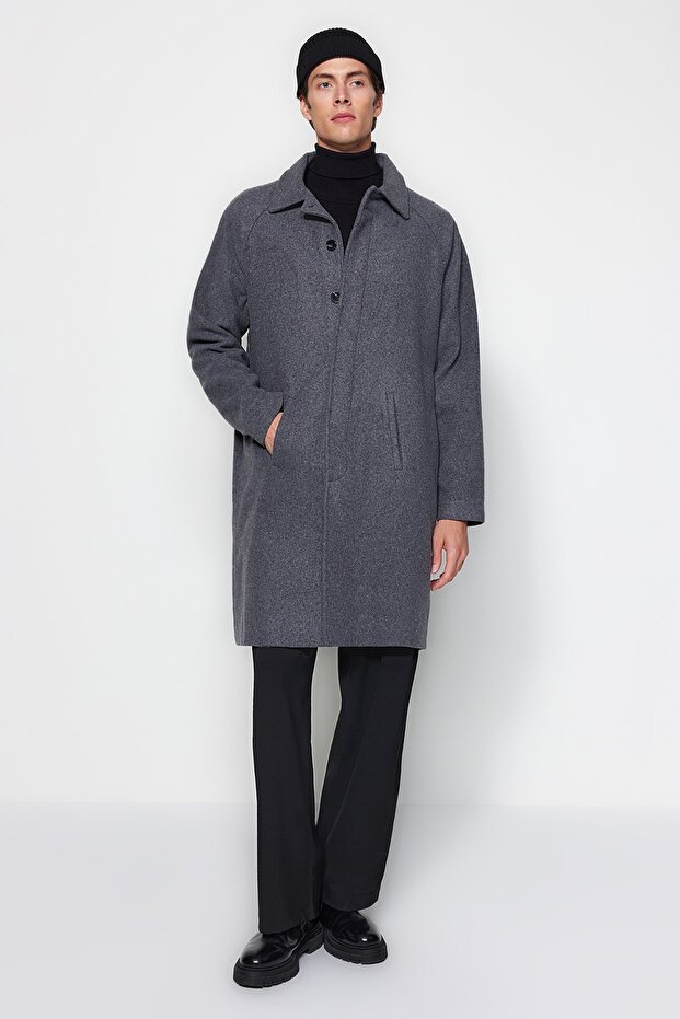 Uniszex antracit gyapjú kevert bélyegzős téli kabát - normál szabású TMNAW24KB00004 - 4