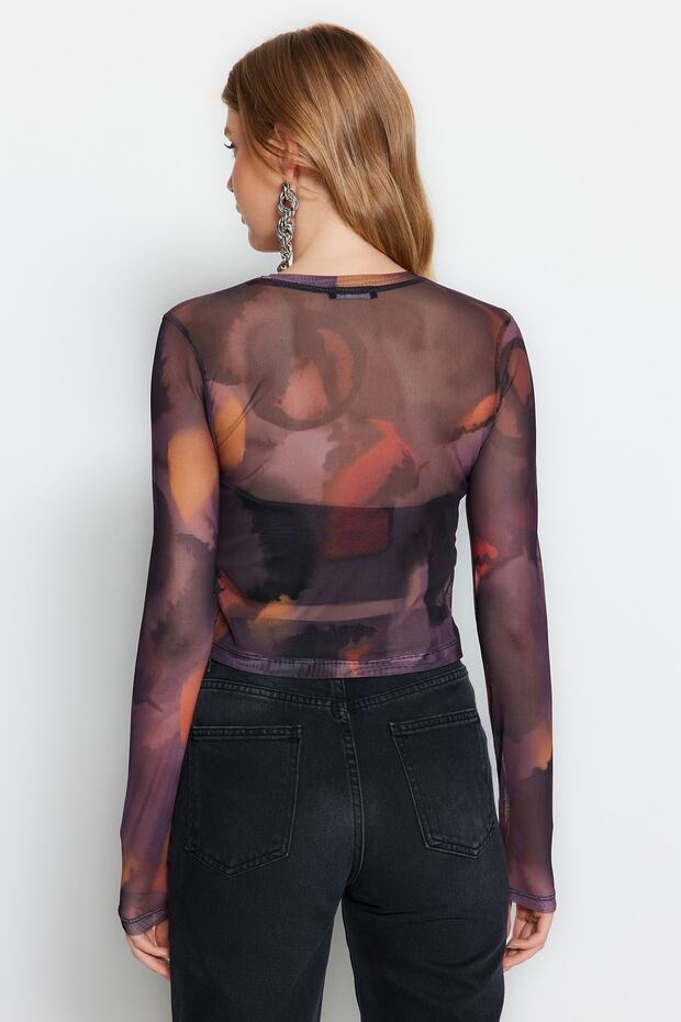 Siyah Baskılı Tül Fitted/Vücuda Oturan Crop Esnek Örme Bluz TWOAW24BZ00030 - 6