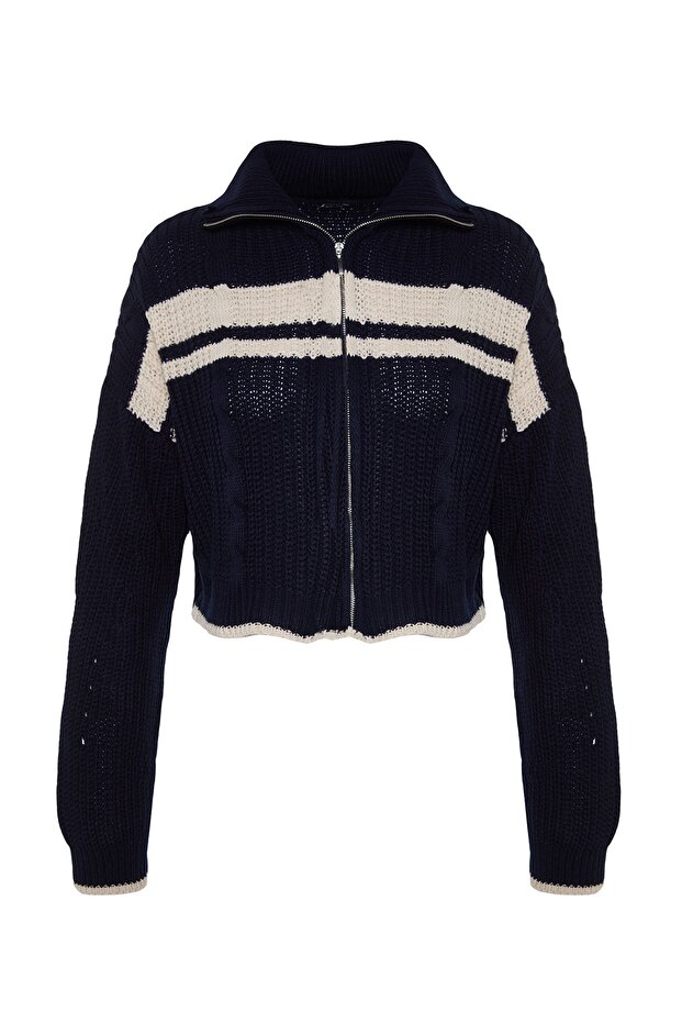Lacivert Crop Renk Bloklu Dik Yaka Triko Hırka TWOAW24HI00238 - 11