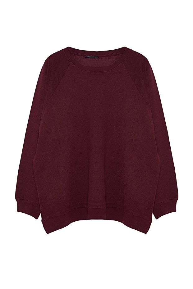 Bordo Büyük Beden Bisiklet Yaka Oversize/Geniş Kesim İçi Polar Sweatshirt TMNAW24AO00007 - 7