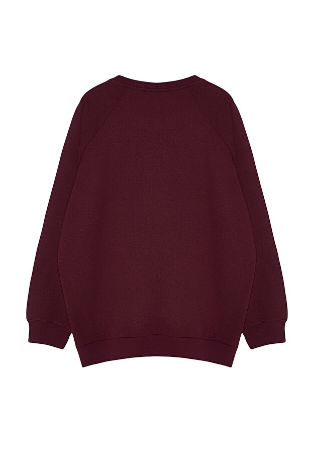 Bordo Büyük Beden Bisiklet Yaka Oversize/Geniş Kesim İçi Polar Sweatshirt TMNAW24AO00007 - 8