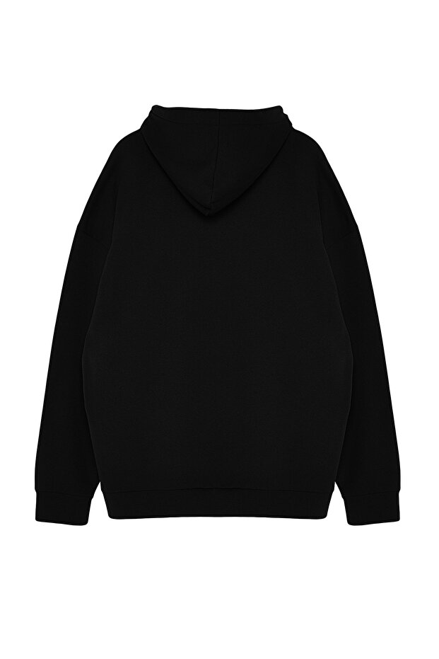 Siyah Büyük Beden apüşonlu Oversize/Geniş Kesim İçi Polar/Sıcak Tutan Sweatshirt TMNAW24AO00013 - 7