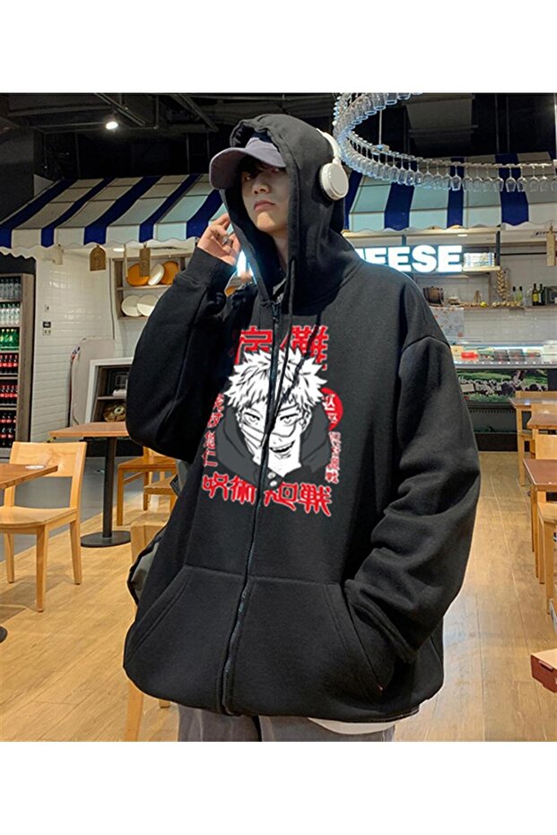 Kaisen Poster Printed Oversize Zippered Black Unisex Hooded Cardigan