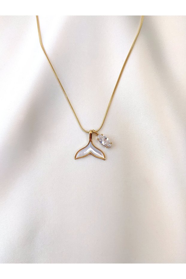 Women's Stainless Steel Mother-of-Pearl Stone Gold Whale Tail Necklace