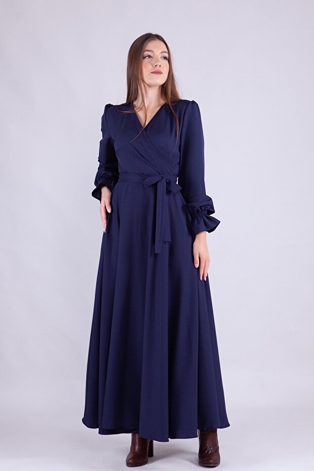 Navy Blue Maxi Length Women's Double Breasted Collar Sleeve Nipple Frilly Long Sleeve Sleeve Nipple Frilly Belted Dress