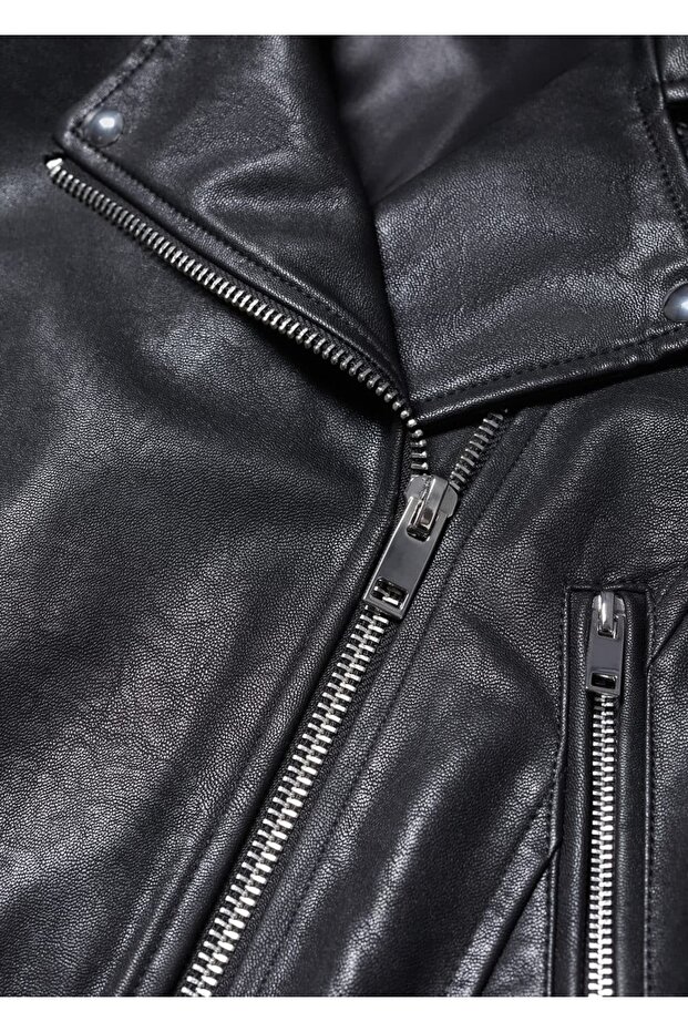 Deri Görünümlü Biker Ceket - 7