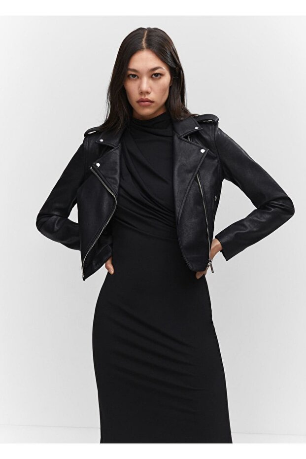 Deri Görünümlü Biker Ceket - 1