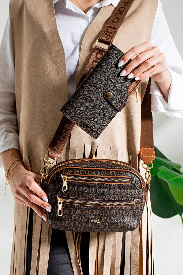 Multi-Compartment Women's Shoulder Bag Crossbody Bag 2183 Brown Tan Combination