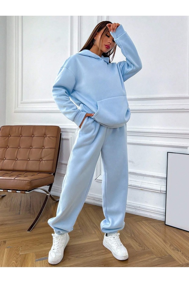 Good Mood Kapüşonlu Kombin Alt Üst Eşofman Takımı - Bebe Mavisi Baskılı Oversize Lastik Paça - 4