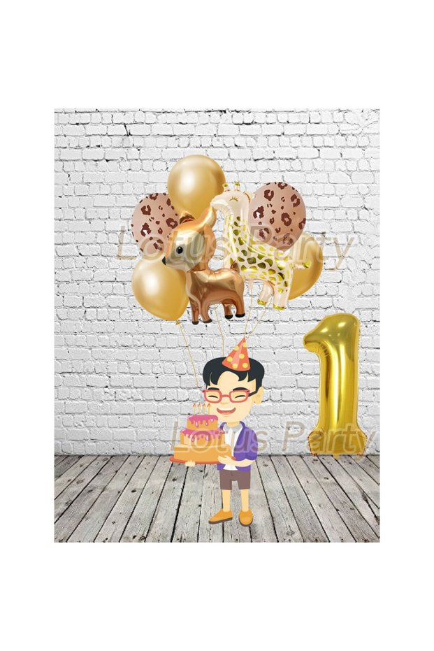 1 Year Old Safari Animal Themed Balloon Set Gazelle - Giraffe and Gold Number Foil Balloon Giraffe Printed Balloon