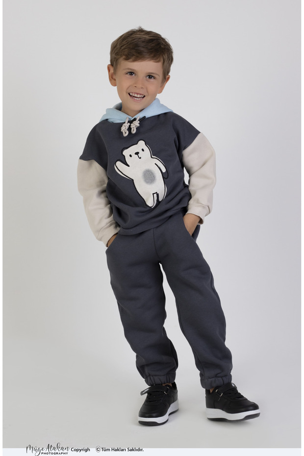 Boy's Two Thread Fabric Thick Rose Gold Knitted Basic Oversize Hooded Top and Bottom Tracksuit Set