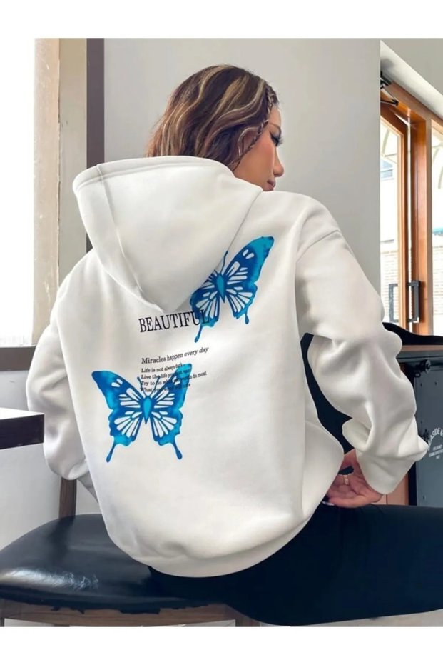 Large Size Beautiful Butterfly Back Print Detailed White Hooded Pocket Sweatshirt-Hoodie