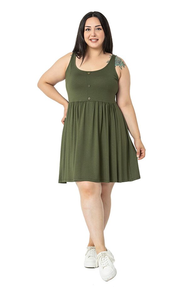 Large Size Ornamental Button Detailed Viscose Short Khaki Dress