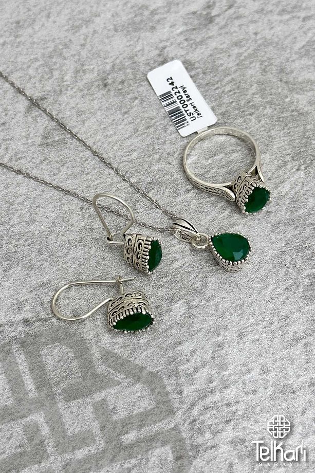 Damla Model Kök Zümrüt Taşlı Midyat Oksitli Telkari Gümüş Üçlü Set - 1