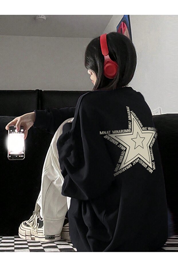 Star Pattern Drop Shoulder Oversized Pullover Siyah - 1