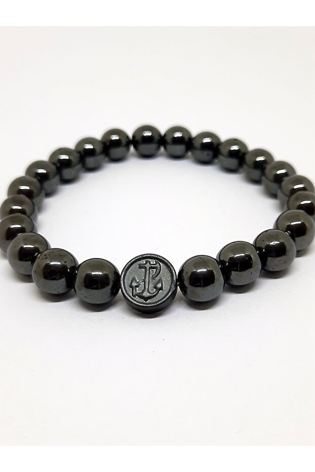 Hematite Onyx Sailor Bracelet with Anchor Rudder Figure