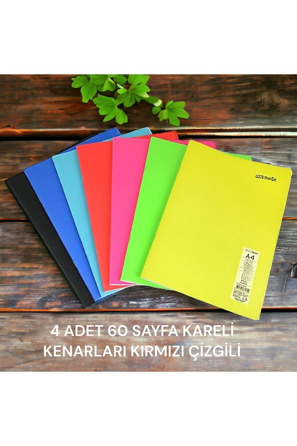 4 ADET A4 60 YAPRAK KARELİ DİKİŞLİ NEON RENKLER PLASTİK KAPAK DEFTER 60GR BEYAZ SAYFA (KARMA RENK) - 1