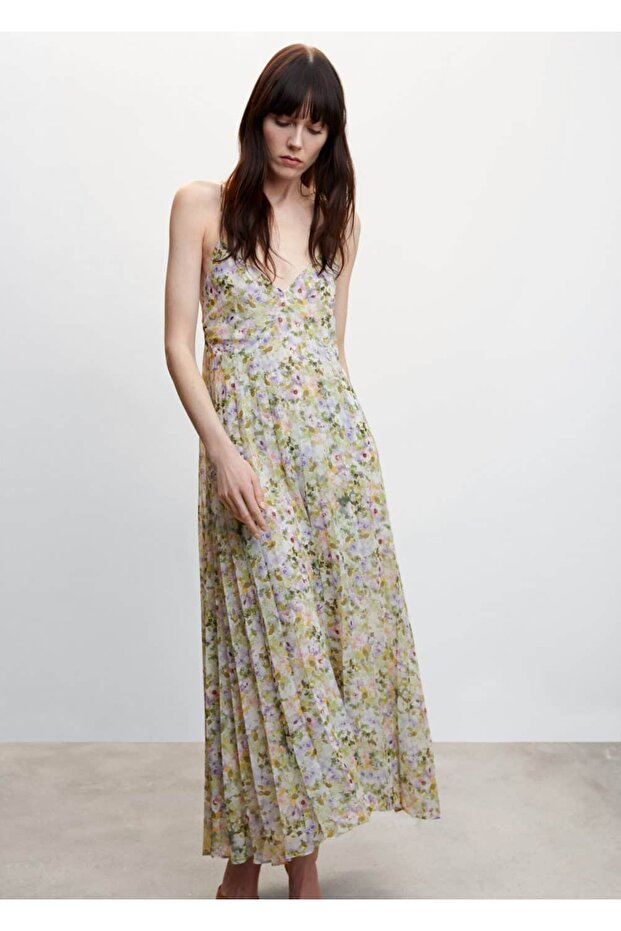 Çiçekli Pilili Elbise - 1