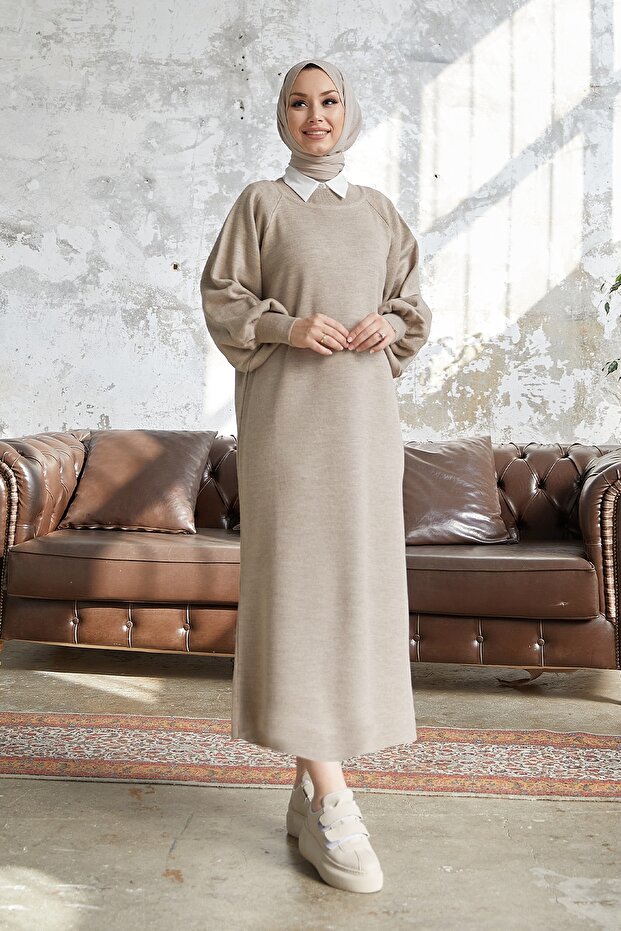 Mina Balon Kol Triko Elbise - Bej - 4