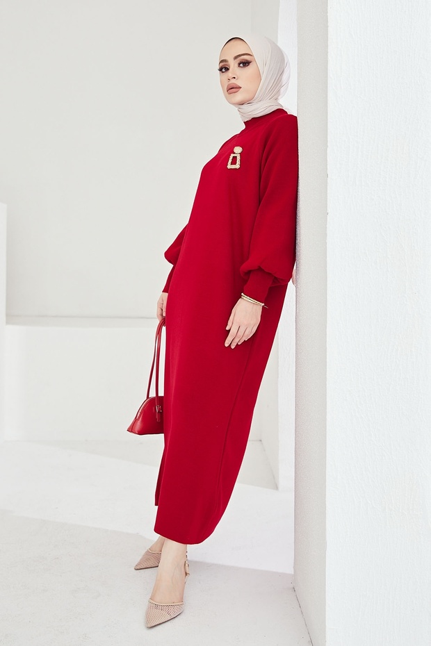 Mina Balloon Sleeve Knit Dress - Red