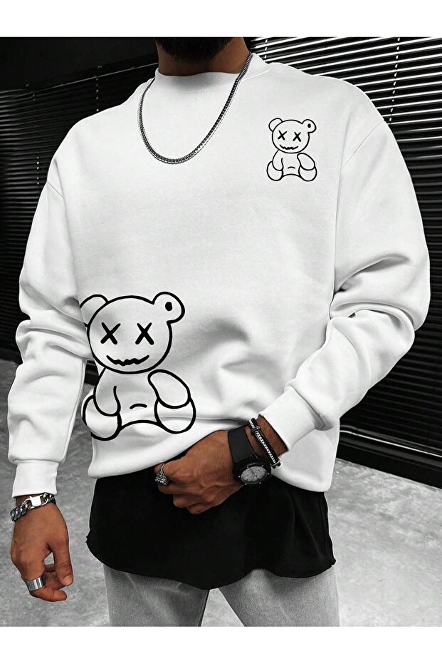 سويت شيرت Manfinity Hypemode Bear مطبوع بأكتاف منسدلة باللون الأبيض - 1