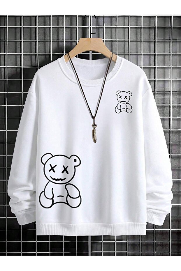 سويت شيرت Manfinity Hypemode Bear مطبوع بأكتاف منسدلة باللون الأبيض - 7