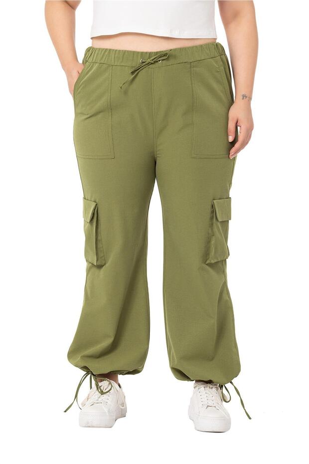 Large Size Gather Detailed Cargo Pocket Parachute Khaki Trousers
