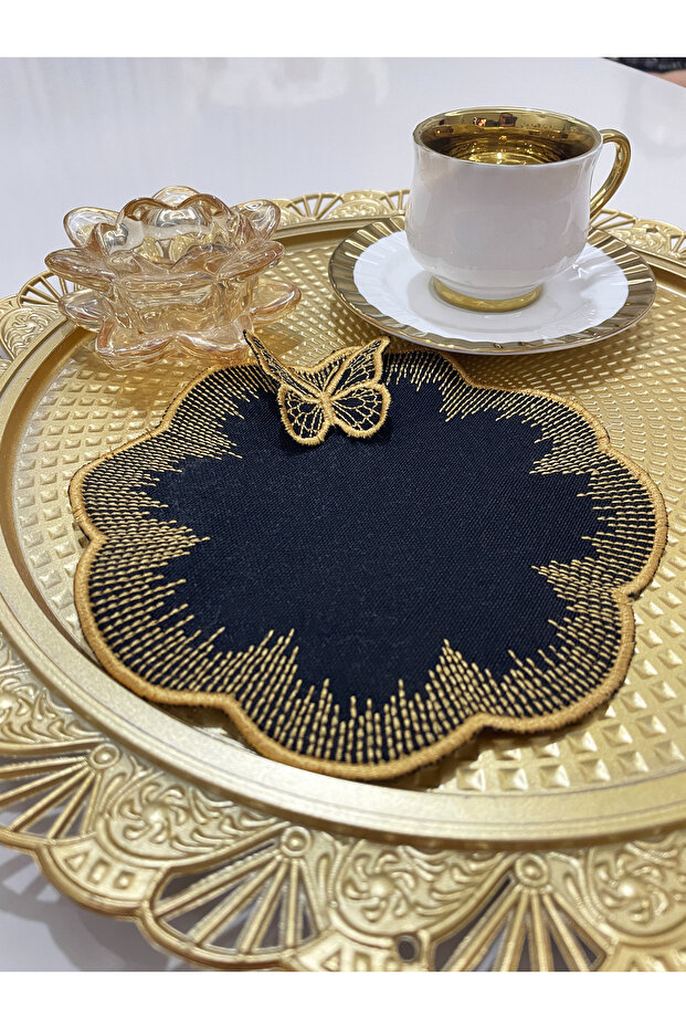 6-Piece 3D Round Butterfly Detailed Embroidery Linen Coffee Presentation Napkin