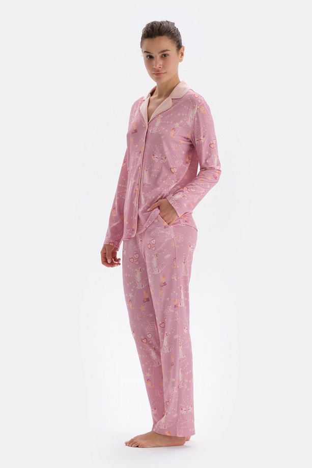 Pembe Metraj Baskılı Gömlek Pantolon Pijama Takımı - 3