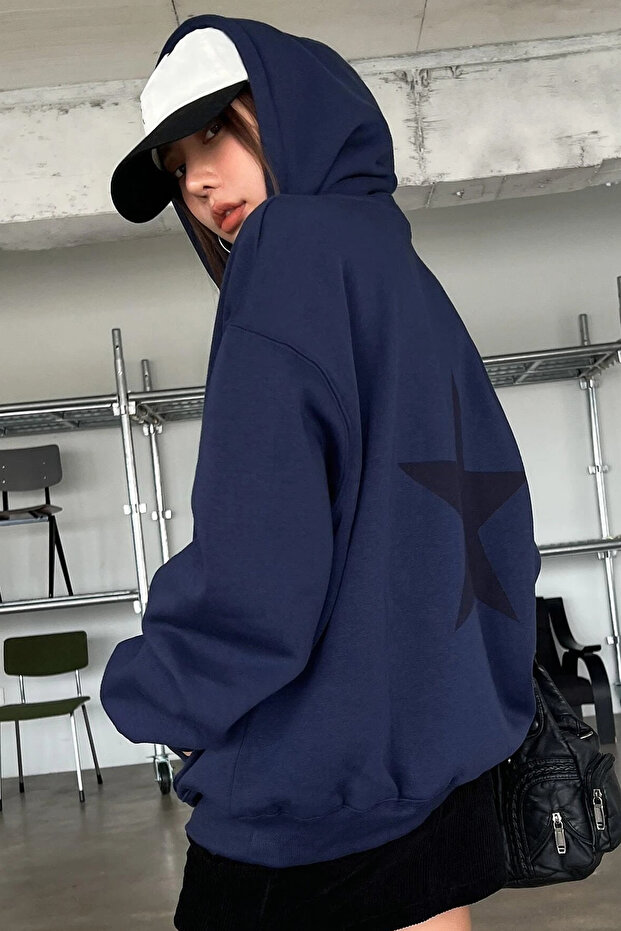 Unisex Navy Blue Star Back Printed Oversize Sweatshirt