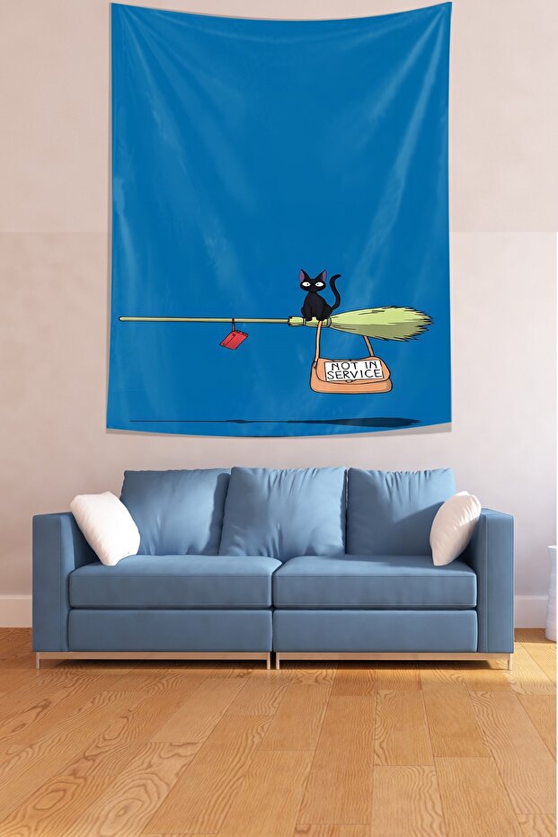 Black Cat Flying With Witch Vacuum Cleaner Stain Resistant Fabric Wall Cloth Wall Carpet Tapestry