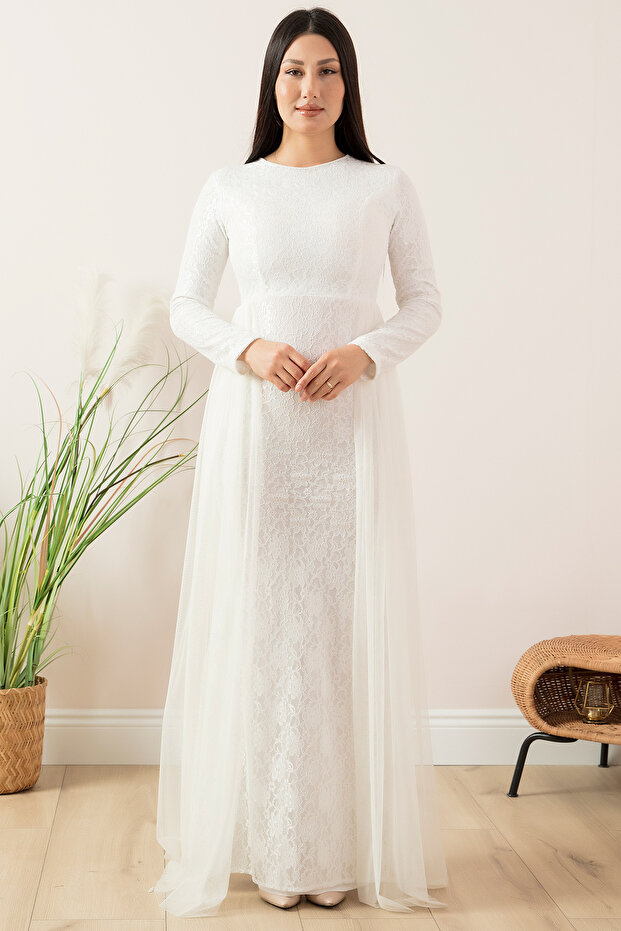 Lace Tulle Detail Hijab Evening Dress 13082