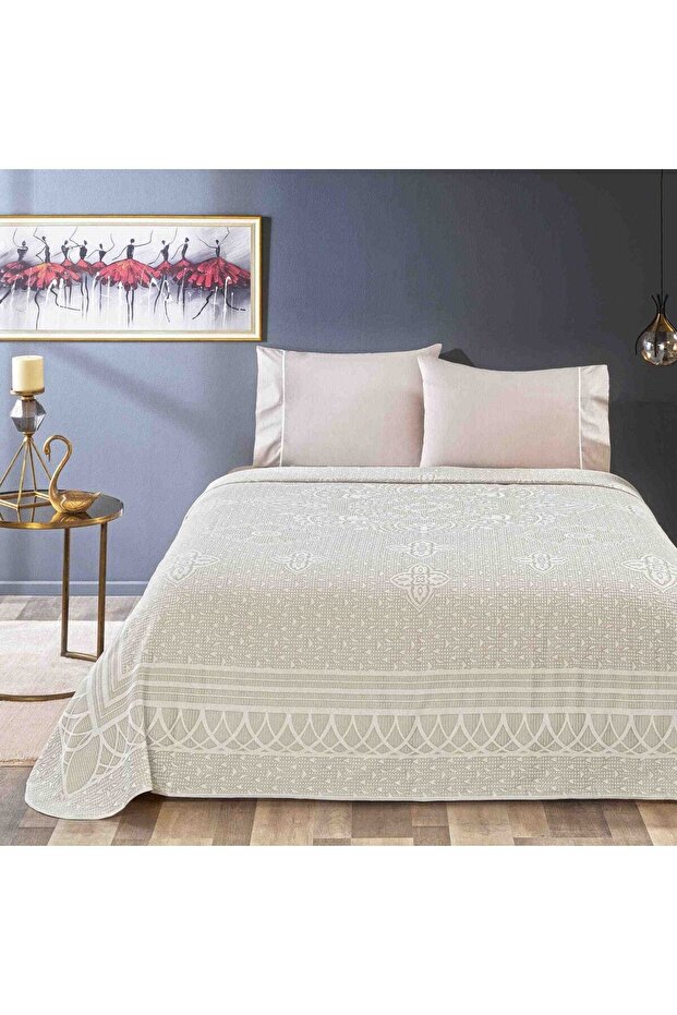 Tac Jacquard Pique Set Mıchele, Tk, Beige with Double Elastic 230 Cm X 250 Cm
