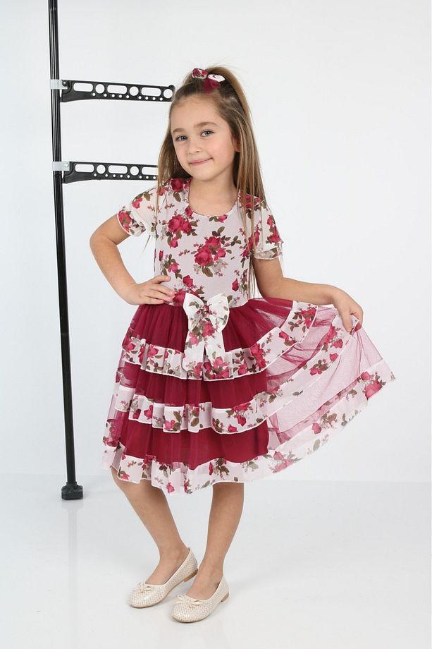 Çiçekli 3 Şeritli Şifon Elbise - 2