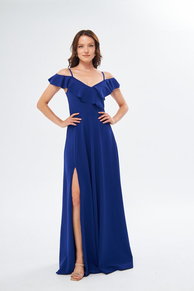 Women's stretchy crepe fabric strap chest flounce neck design slit long cobalt blue dress 582190