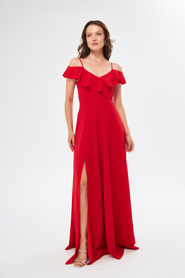 Women's Flexible Crepe Fabric Strap Long Red Dress with Flounce Collar Design and Slit on the Chest 582190