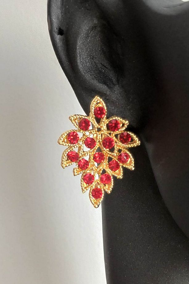 Kırmızı Taşlı Abiye Küpe Gold Kaplama - 1