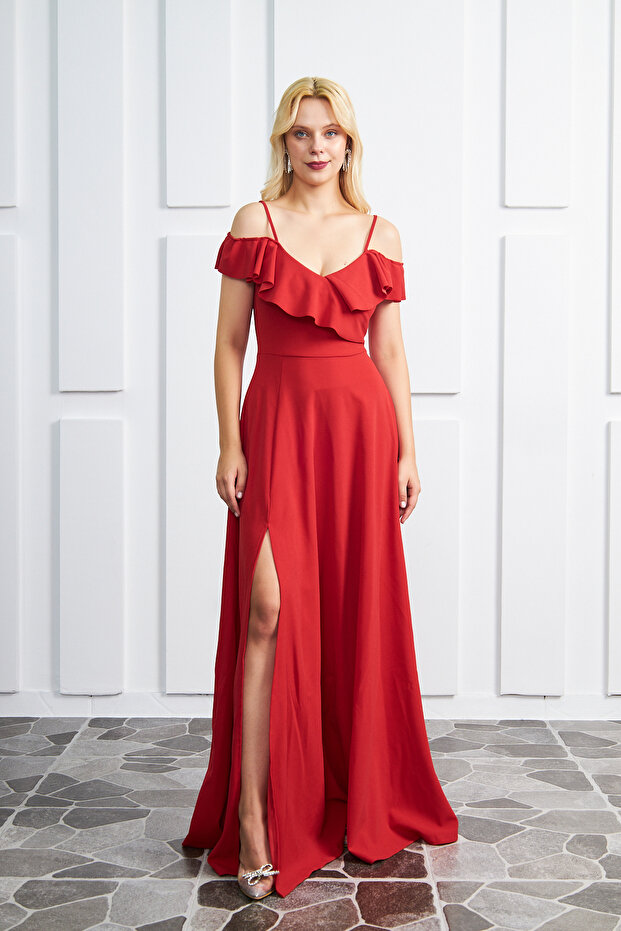 Crepe Fabric Thin Straps Slit V-Neck Long Red Dress 582190