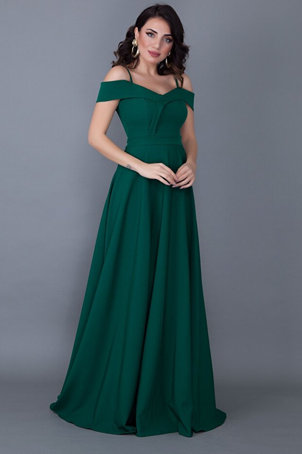Pánt nélküli, alacsony vállú, dupla mellű nyakú maxi hosszúságú smaragdzöld nagy méretű estélyi ruha 342 - 6