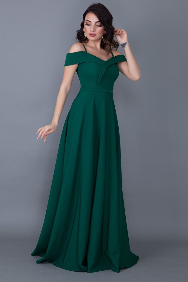 Pánt nélküli, alacsony vállú, dupla mellű nyakú maxi hosszúságú smaragdzöld nagy méretű estélyi ruha 342 - 7