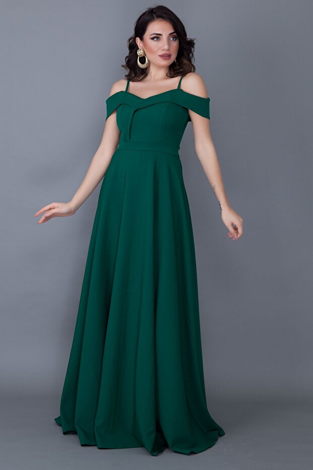 Pánt nélküli, alacsony vállú, dupla mellű nyakú maxi hosszúságú smaragdzöld nagy méretű estélyi ruha 342 - 8