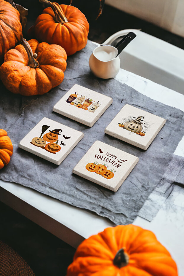 Halloween Pumpkin Themed Natural Stone Travertine Coasters Set of 4